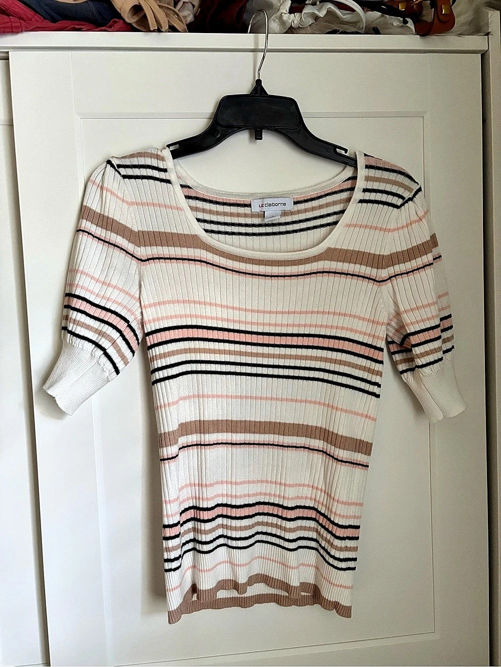 Liz Claiborne Striped Short Sleeve Top in Pink & White Size Small